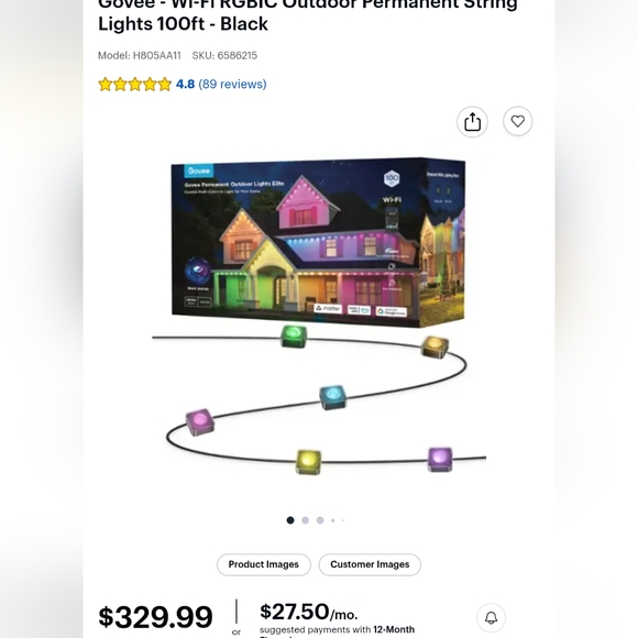 Govee - Wi-Fi RGBIC Outdoor Permanent String Lights 100ft - Black